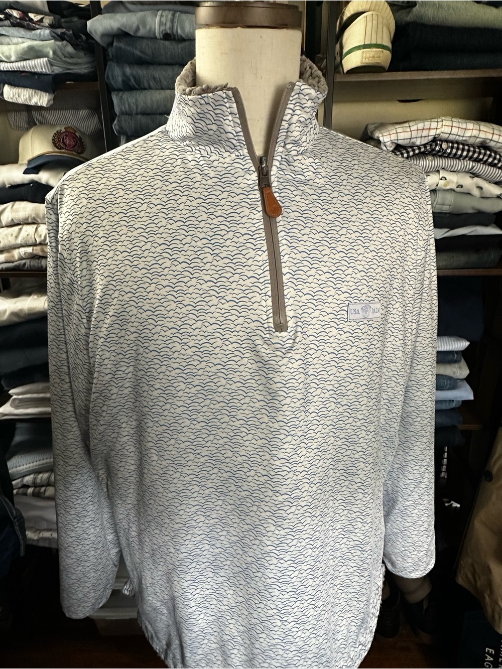 Quarter-Zip Pullover in White with Navy Wave Pattern reversible with fleece.